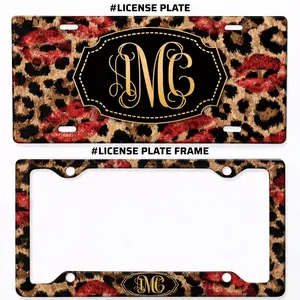Leopard Print Red Lips Monogram License Plate and Frame Personalized Cheetah Pattern Car Tag Glam Animal Print Car Decor Gift