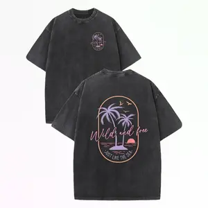 Washed Cotton T-Shirt, Retro Surf Style Tropical Beach Sunset Palm Tree Print, Light Pink & Orange Vintage Design,Loose Casual Crew Neck Short Sleeve, Soft Breathable Summer Top for Vacation & Daily Wear Menswear graphic tee t shirt