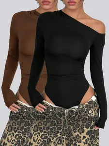 Women's Asymmetric Neckline Long-sleeve Fitted Versatile Bodysuit Two-piece Set,  Fashionable Design, Suitable for Various Occasions Such As Lounging At Home, Workouts, Parties, Shopping, Music Festivals, Bars, and Gatherings, Fabric, Womenswear
