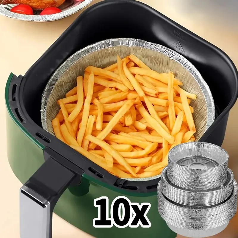 Disposable Round Air Fryer Aluminum Foil Pans (10-Pack, 6-8 in) - Oil-Proof, Non-Stick Modern Kitchenware Cookware for BBQ Trays & Food Containers