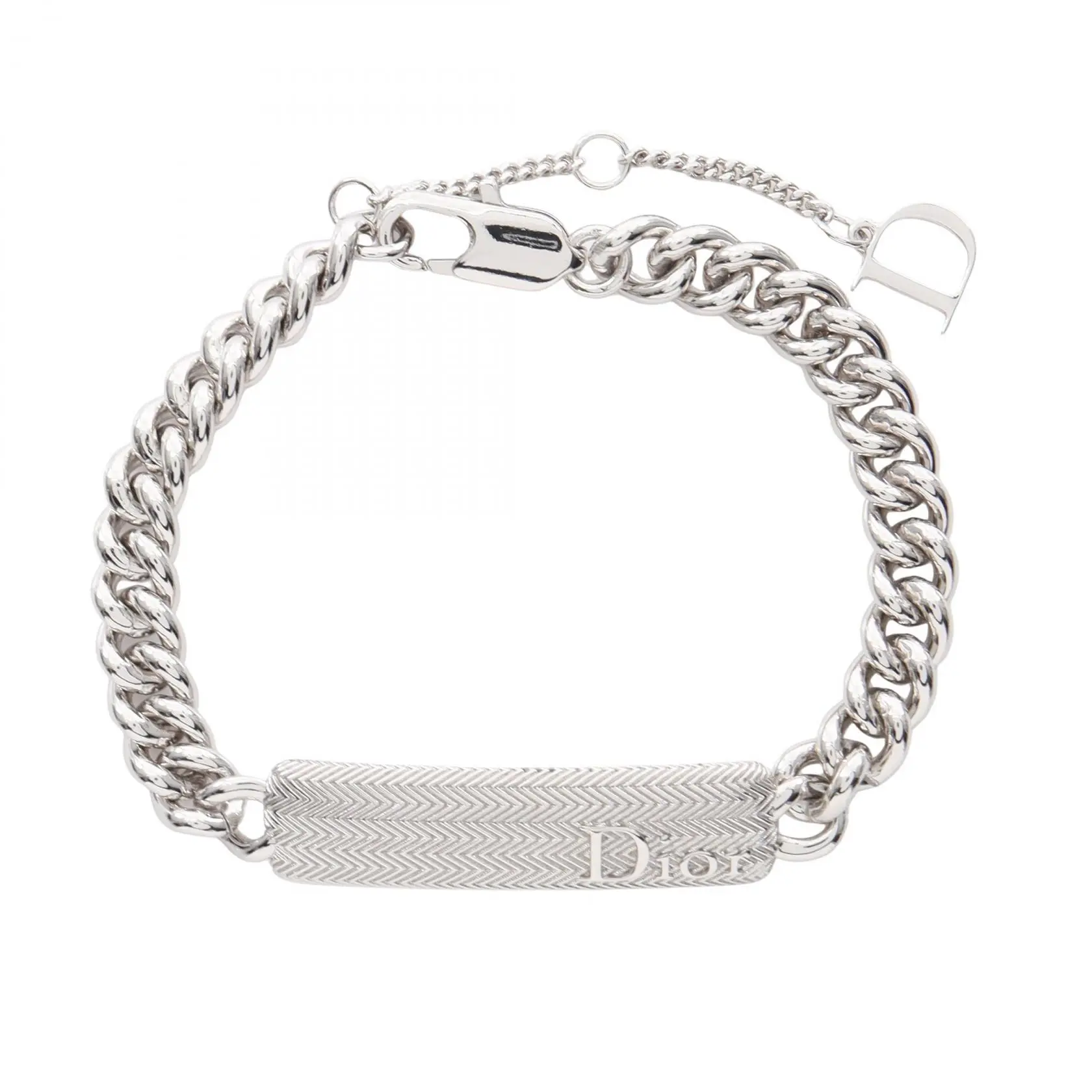 Pre-owned Dior Stainless Small Leather Goods Guilloche Chain Link Bracelet Steel Bracelet