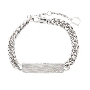 Pre-owned Dior Stainless Small Leather Goods Guilloche Chain Link Bracelet Steel Bracelet