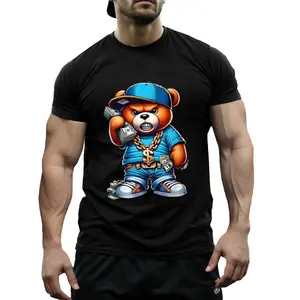 A Men'S Hip Hop Bear Pattern T-shirt, Cotton round Neck% Regular T-shirt, Non-Stretch Knitted Fabric, Mid-Season Version, Top with 3D Cartoon Bear Print