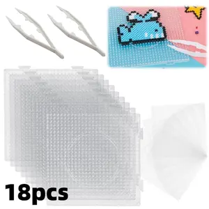 18Pieces 5mm Fuse Bead Board Clear Plastic Perler Bead Design Square Boards (18 Board + 18 Ironing Paper + 2 Beads Tweezers) for DIY Craft Beads