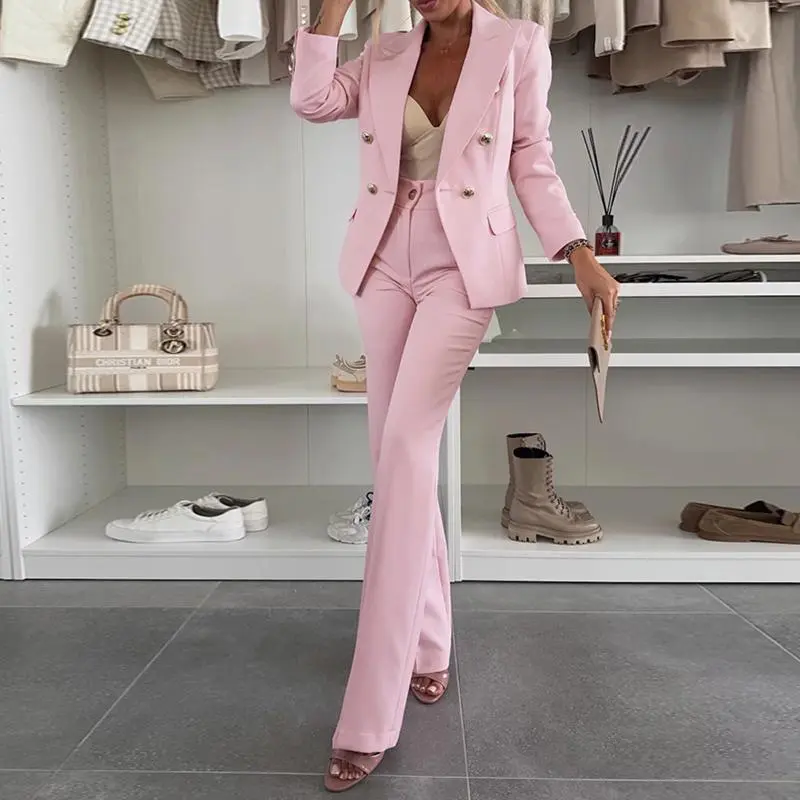 CHICME Women's 2-Piece Elegant Fitted Suit - Long Sleeve Notched Collar Double-Breasted Button Fabric Blazer, Elastic Waist Slim Flared Basic Trouser, Ready-to-Wear Plain Casual Wedding Guest Outfit
