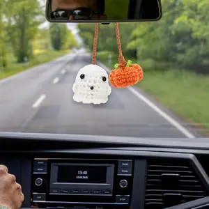 Pumpkin & Ghost Crochet Mirror Car Hanger Rear View Hanging Accessories, Halloween Handmade Knitted Car Ornament, Cute Decoration for Women Teen, Upholstery Charm Pendant Gift Indoor Outdoor