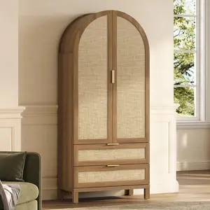 SICOTAS Arched Kitchen Pantry Cabinet, 71" Tall Rattan Food Pantry Storage Cabinet with Doors, 3 Shelves, 2 Large Drawers, Boho Freestanding Cupboard for Dining Living Room, Bedroom, Caramel Oak