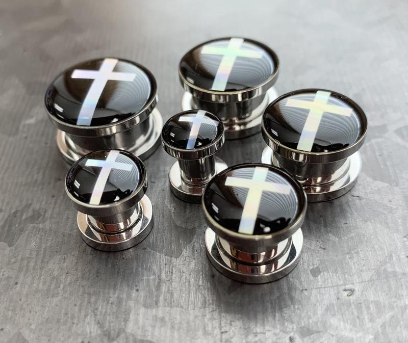 PAIR of Stunning Hologram Cross Screw Fit Surgical Steel Tunnels/Plugs - Only 0g(8mm) Left In Stock!