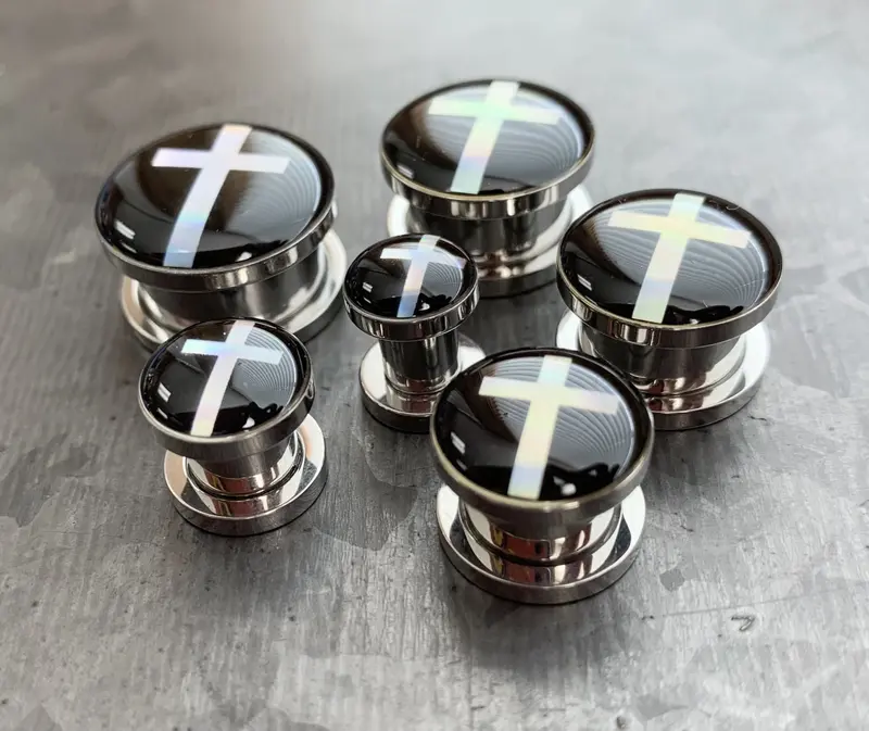 PAIR of Stunning Hologram Cross Screw Fit Surgical Steel Tunnels/Plugs - Only 0g(8mm) Left In Stock!