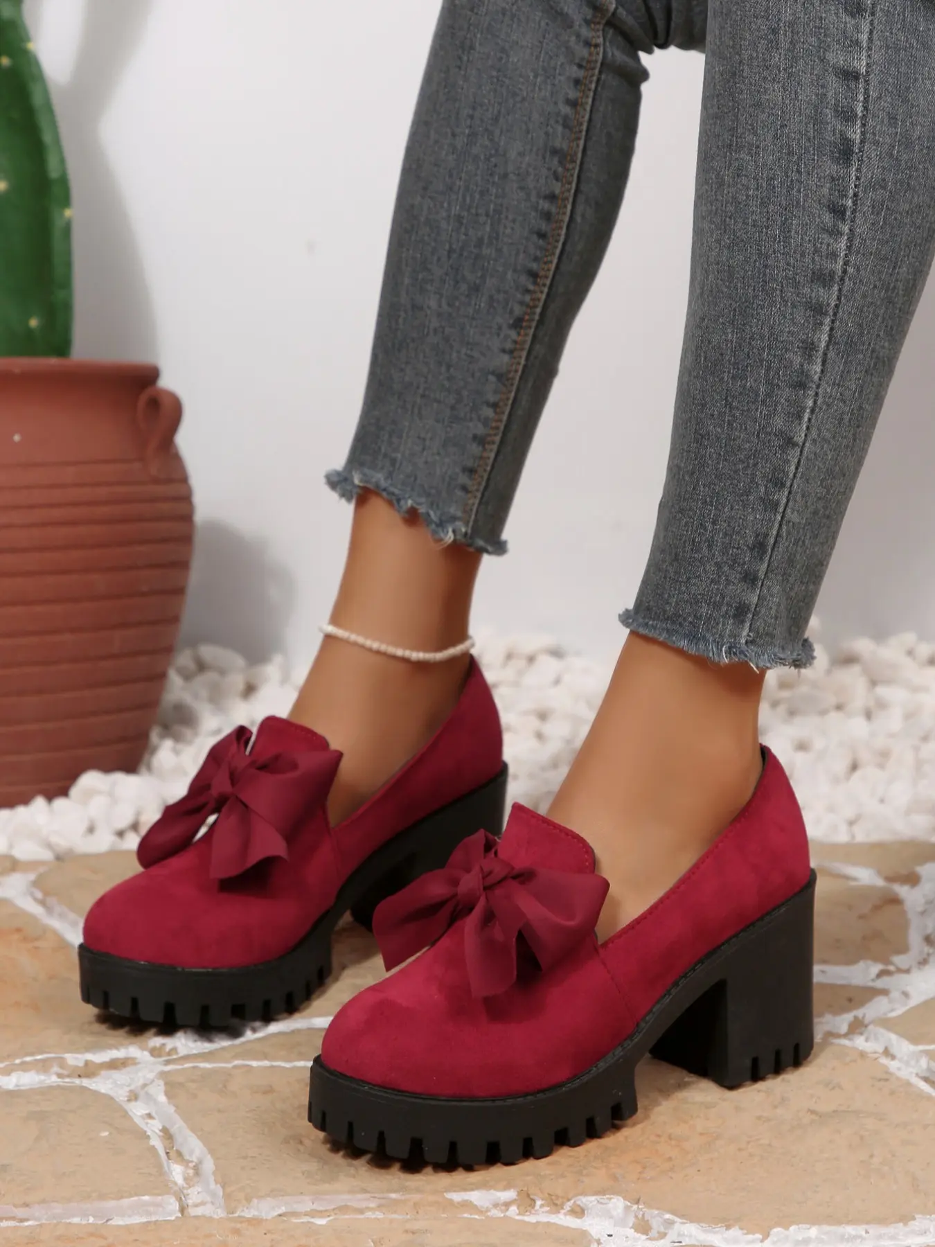Women's Fashion Bow Design Slip-On Platform Low Top Loafers, Casual Fall Winter Shoes, Comfortable Round Toe Daily Wear, Thick Sole Leather Boots, Footwear, Casual Textile Shoes