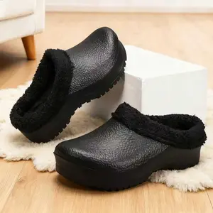 Cozy Fleece House Slippers Black Indoor Warm Shoes for Winter Comfort Waterproof Non-Slip Thick Sole Easy Clean Culinary Professionals Kitchen Footwear