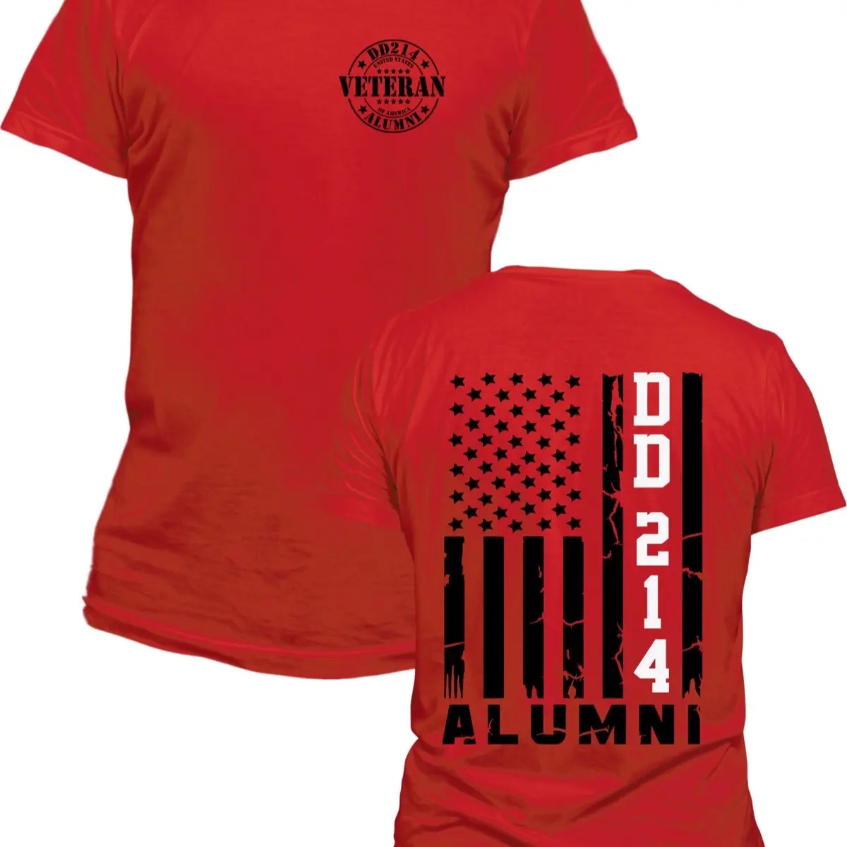 Military DD214 Flag Veteran Appreciation T-Shirt - Red, Short Sleeve, American Flag Design, "ALUMNI" Text, Logo Print