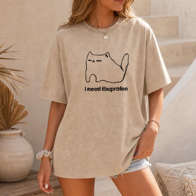 Minimal Cat Mood Graphic Tee for Women, Washed Cotton Oversized Funny Pet Shirt S-5XL