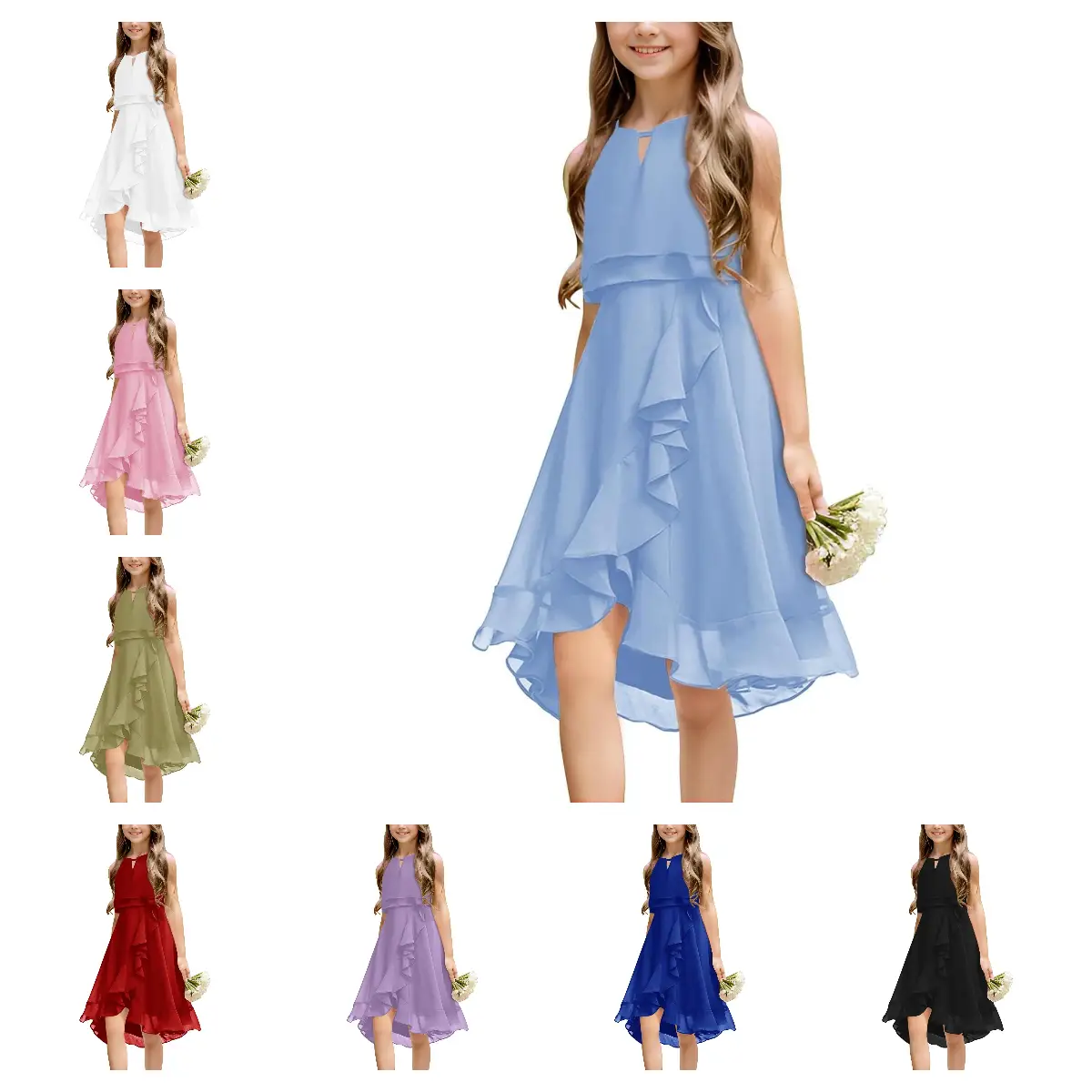 【5-14 Years】Haloumoning Kids A-Line Halter Neck Chiffon Junior Bridesmaid Dresses Fancy Girl Dress Wedding Elegant Party Gown