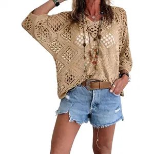 Women's Boho Crochet Top V Neck Hollow Out Knit Sweater Batwing Sleeve Summer Beach Cover Up