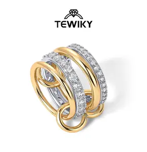 Tewiky Gold  Interlocked Stackable Rings for Women - Statement Multi Ring Mixed Metals Stack - Cubic Zirconia Two-Toned Stacking Jewelry