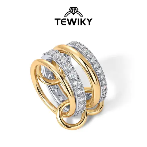 Tewiky Gold  Interlocked Stackable Rings for Women - Statement Multi Ring Mixed Metals Stack - Cubic Zirconia Two-Toned Stacking Jewelry
