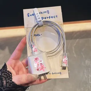 Floral Four-Piece Charging Head Protection Set, Compatible with iPhone 17/17 Pro Max/air/16/15/14/13/12/11, Transparent Charger Case