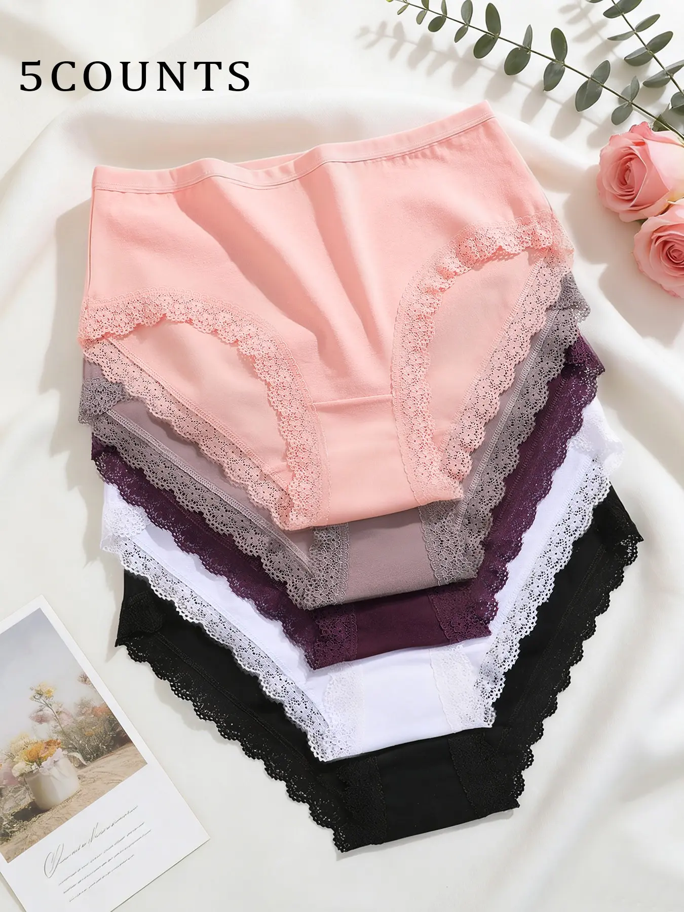 Plus Size Women's Lace Trim Panties Set, Lace Fitted Panty, Soft Comfortable Underwear, Breathable, Stylish, Chic & Elegant Design, Perfect Fit Everyday Wear, Lace Patterned Underwear
