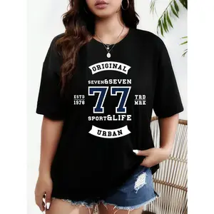 Women's 1977 Graphic T-Shirt ESTD 1977 Print Crew Neck Short Sleeve 100% Cotton Black Streetwear Casual