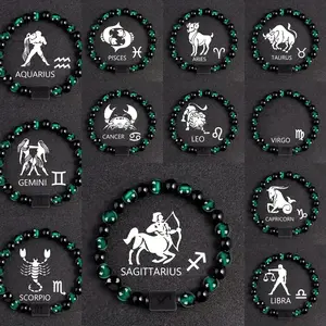 [Natural Green Tiger Eye] Natural Green Tiger Eye |   12 Zodiac Signs Black Glass Beaded Elastic Bracelet |   Men, Daily Wear, Parties, Gift