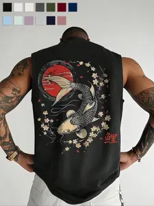 Oversized Sleeveless Vest, Y2K Vintage Japanese Koi Print Kimono Jacket, Sun Sakura Design, Summer Street Style