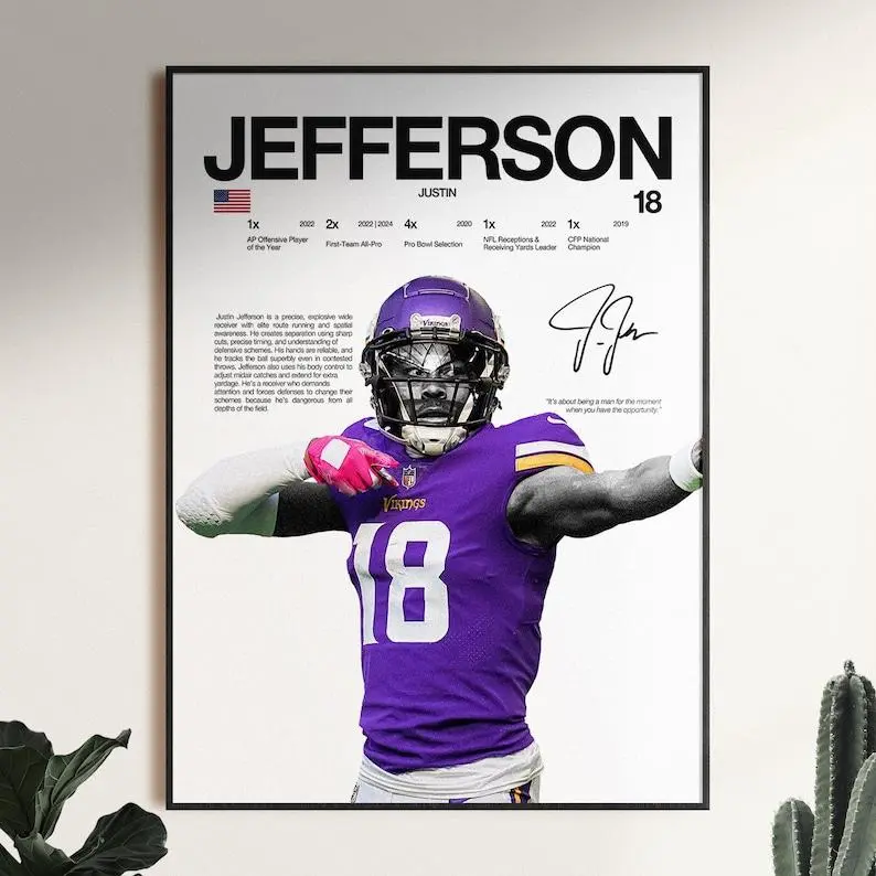 Justin Jefferson Poster, Sports Room Decor, Minnesota Poster Unframed