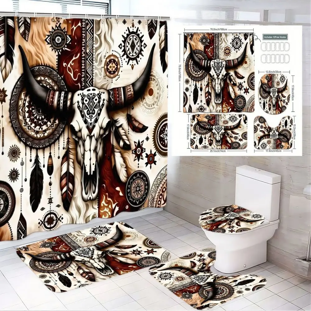 1/4pcsSouthwestern Bohemian Longhorn Skull Shower Curtain Set - Bull Skull Black Horns Decor, Decorative Western Shower Curtains For Bathroom, Brown/Black Pattern, Bath Mat Toilet Seat Cover, Home Bathroom Decor for Halloween Thanksgiving Decorating