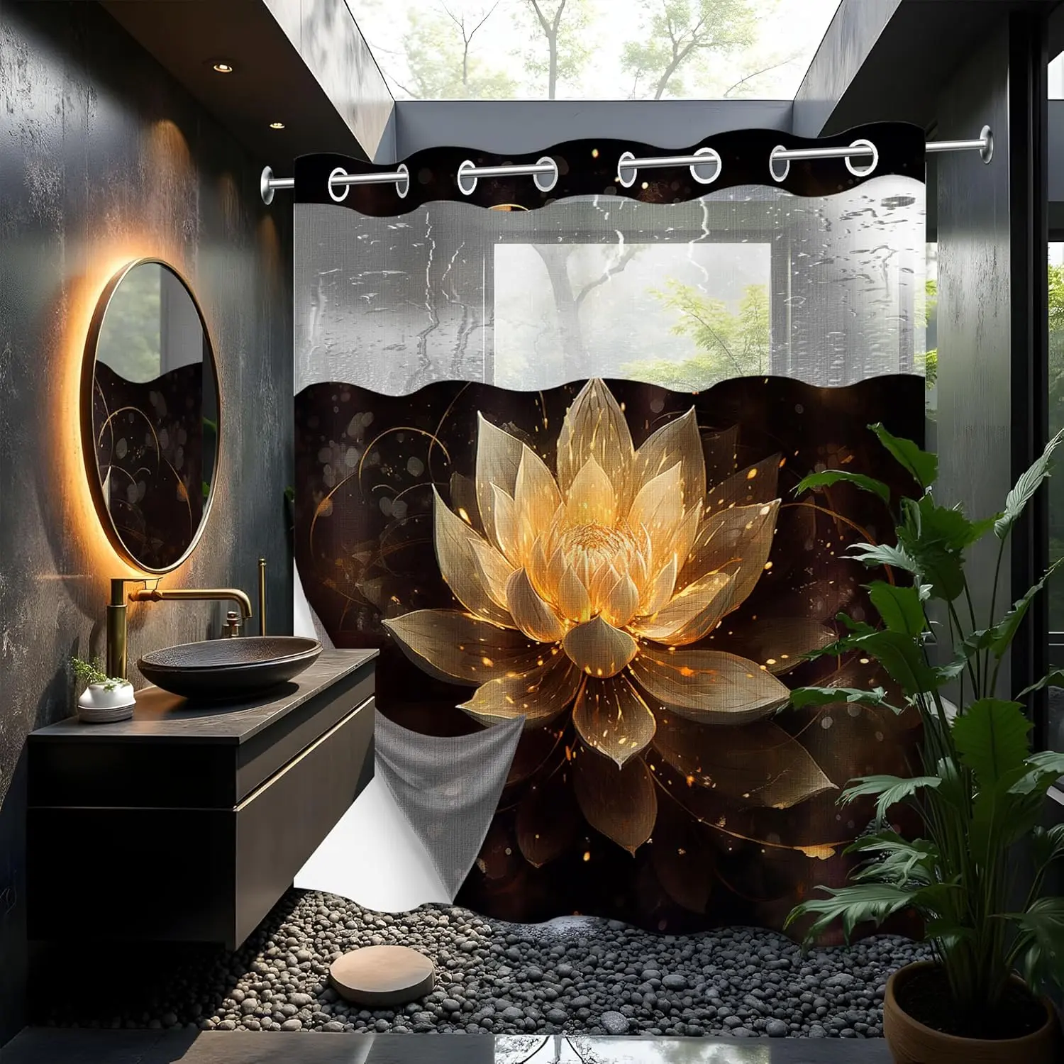 Hookless Shower Curtain Set with Snap-Liner - 60" W x 74" L, Slide-On Rod Hang, Black & Gold Spa Zen Design, Eco-Friendly Waterproof Polyester, Double Layer, Window for Natural Light, Full Coverage Privacy, Easy Installation, Magnetic Hold, Bathroom-Safe