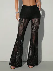 Lace Wide Leg Pants for Women, Sexy Sheer Transparent Micro Flare Long Pants, Perfect for Daily Outing and Commuting, Fashionable and Stylish