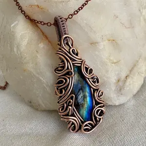 Wire wrapped pendant necklace, Labradorite and copper jewelry