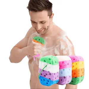 Set of 3 exfoliating shower sponges for showering; bath sponges for bath products; vibrant colors; ultra-soft foaming bath sponges; hanging strap design; colorful foaming bath sponges