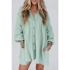 Green Patchwork Crinkle Puff Sleeve Shirt Dress