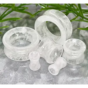 PAIR of Beautiful Clear Quartz Stone Tunnels Organic Stone Double Flare Plugs - Gauges 2g (6.5mm) thru 1" (25mm)