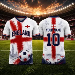 Personalized England 2026 Jersey, Custom Name Number Jersey, White Red V-Neck England Flag Game Day Shirt, St George Cross Fan Jersey, Great Gift for Fans and Players