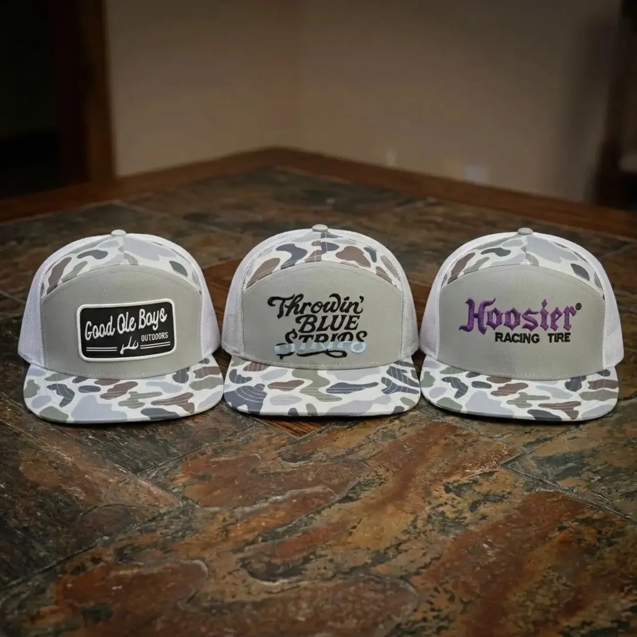 Camo Trucker Hat Collection| Good Ole Boys, Throwin' Blue Stripes & Hoosier Racing Tire | Mesh Snapback Hats for Hunting, Fishing, Outdoor & Country Style