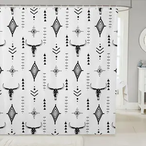 Western Aztec Shower Curtain,Bull Skull Bathroom Accessories for Teens Young Boho Cow Head Bath Curtain
