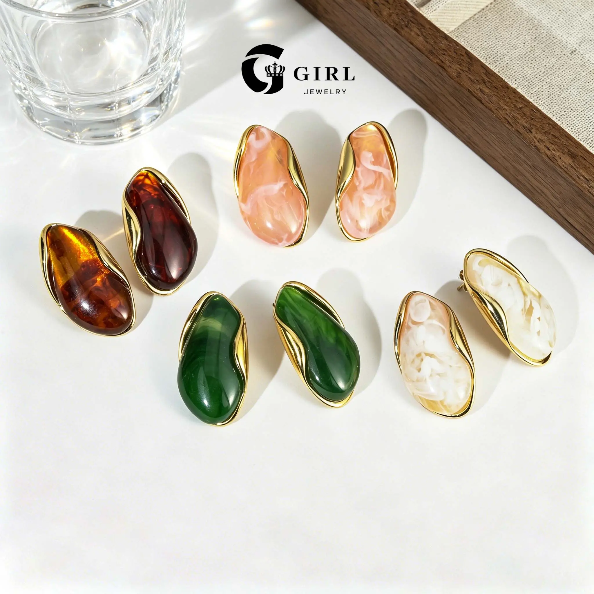 GGIRL Unisex Resin 2-Piece Jewelry Set - Irregular Marble Stud Earrings, Adjustable Stainless Steel Vintage Artificial Gemstone Ring, Elegant Daily Accessory for Versatile Use & Holiday Gifting