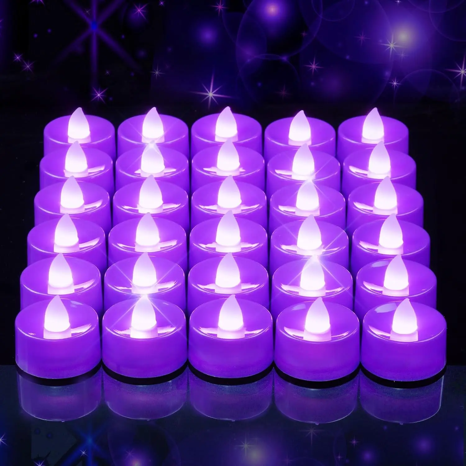 30 Pcs Purple Flickering Flameless Tea Lights - Battery-Operated Color-Adaptive, Battery-Fitted, Blinkable, Child-Friendly Cluster Candle Lights, 200+ Hours Long-Lasting, for Wedding Table Centerpiece, Home Decor, Battery-Fitted Candle Lights