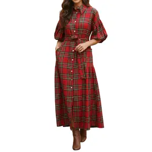 Women Fall Long Shirt Dress Plaid Print Lantern Short Sleeve Lapel Button Down Dresses with Belt and Pockets
