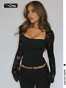 Women's Solid Color Lace Floral Spliced Ruffles Trim Sheer Long Sleeve Tee, Sexy Flower Pattern Designed Slim-fit Ruffled T-shirt for Party Club Holiday, Ladies Summer Clothes, Top, Womenswear