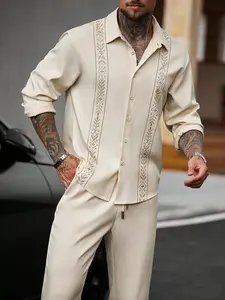Trendy Men’s Cream Embroidered Two-Piece Set | Stylish Long Sleeve Shirt & Cropped Pants Outfit | Soft Smooth Fabric - Perfect for Casual/Dressy Days (Dates, Hangouts!)