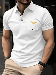 Men's Short Sleeve Plain Polo Shirt, Casual Eagle Embroidery, Fitted Design, Perfect for Daily Wear, Home, Commute, Outdoor Sports, Birthday Gift
