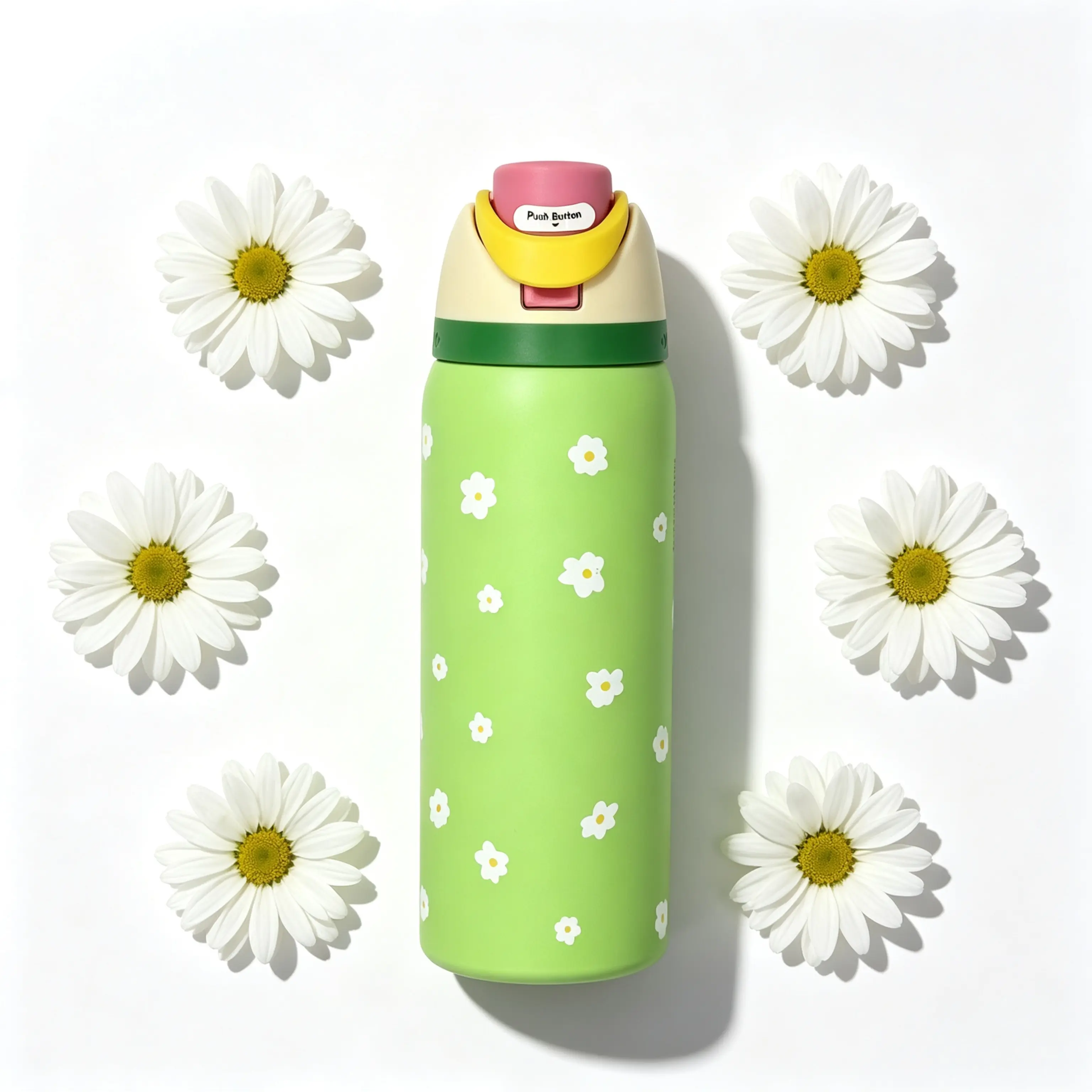 32oz Pastel Green White Daisy Pattern Owala FreeSip Vacuum Insulated Water Bottle, Secure Lock Flip Straw Mug, Unique Birthday Gift for Girls, Students & Floral Lovers