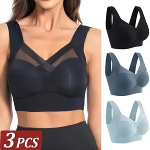 3-Pack Women's Plus Size Seamless Lace Backless Sports Bra Push-Up Shockproof Wireless Top Womenswear Bridal Activewear Athletic