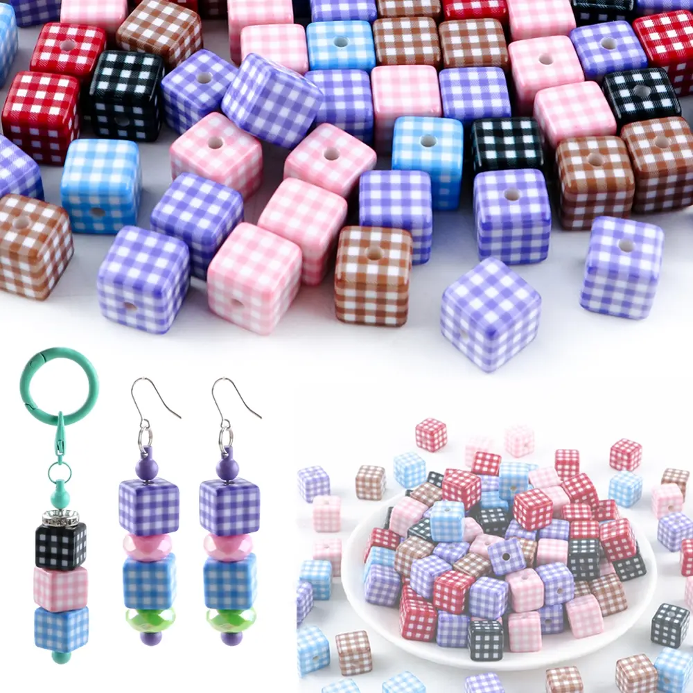 14×14mm 12pcs Acrylic Checkered Cube Beads, Smoothly Threaded, Ideal for Holiday Decorations Crafts, Suitable for Making Necklaces Bracelets Keychains Phone Charms and other Beads&Bead Assortment