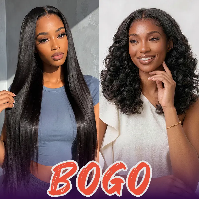 【BOGO】2 Wigs | Megalook Luxurious 6x5 Bouncy Curl Wig & 6x5 Silky Straight Wig Glueless Pre Cut Lace 100% Human Hair Wigs 200% Density