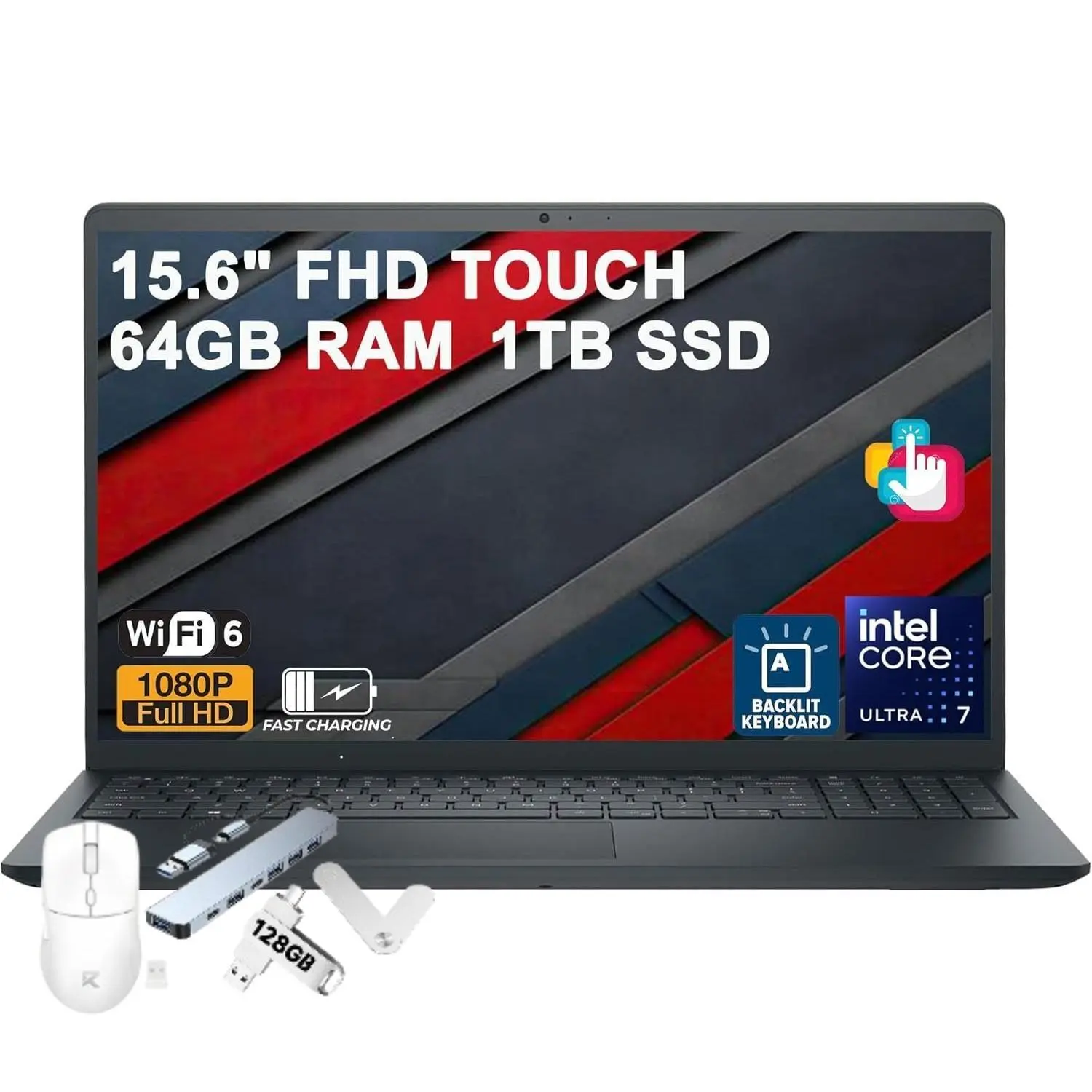 Dell 15 Laptop 15.6" FHD Anti-Glare Touchscreen Intel 12-core Ultra 7 255U 64GB RAM 2TB SSD Backlit Type-C ExpressCharge Long-Lasting Battery for Creator Designer Business Professional Win11