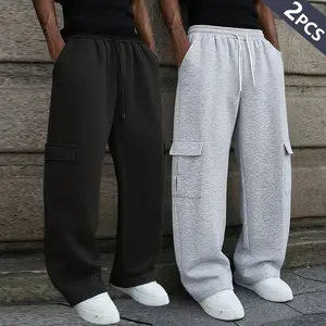 Solid Color Men's Loose Straight-Leg Sweatpants, Men's Casual Jogger Pants, Outdoor Fitness Sports Trousers with Multiple Pockets, Street Workwear Pants - Soft Fabric with Slight Stretch, Suitable for Jogging and Casual Wear All Year Round