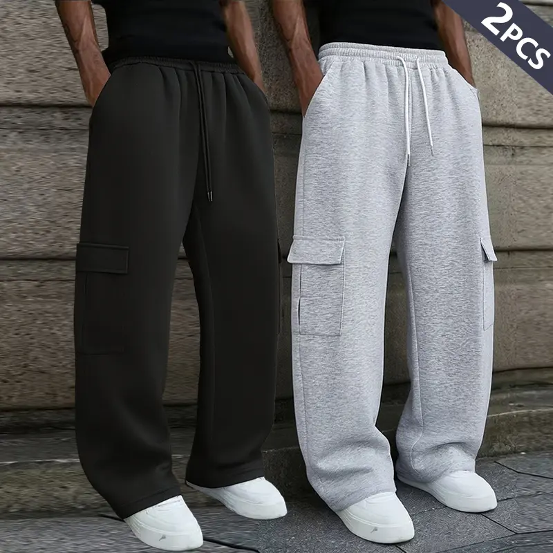 Solid Color Men's Loose Straight-Leg Sweatpants, Men's Casual Jogger Pants, Outdoor Fitness Sports Trousers with Multiple Pockets, Street Workwear Pants - Soft Fabric with Slight Stretch, Suitable for Jogging and Casual Wear All Year Round
